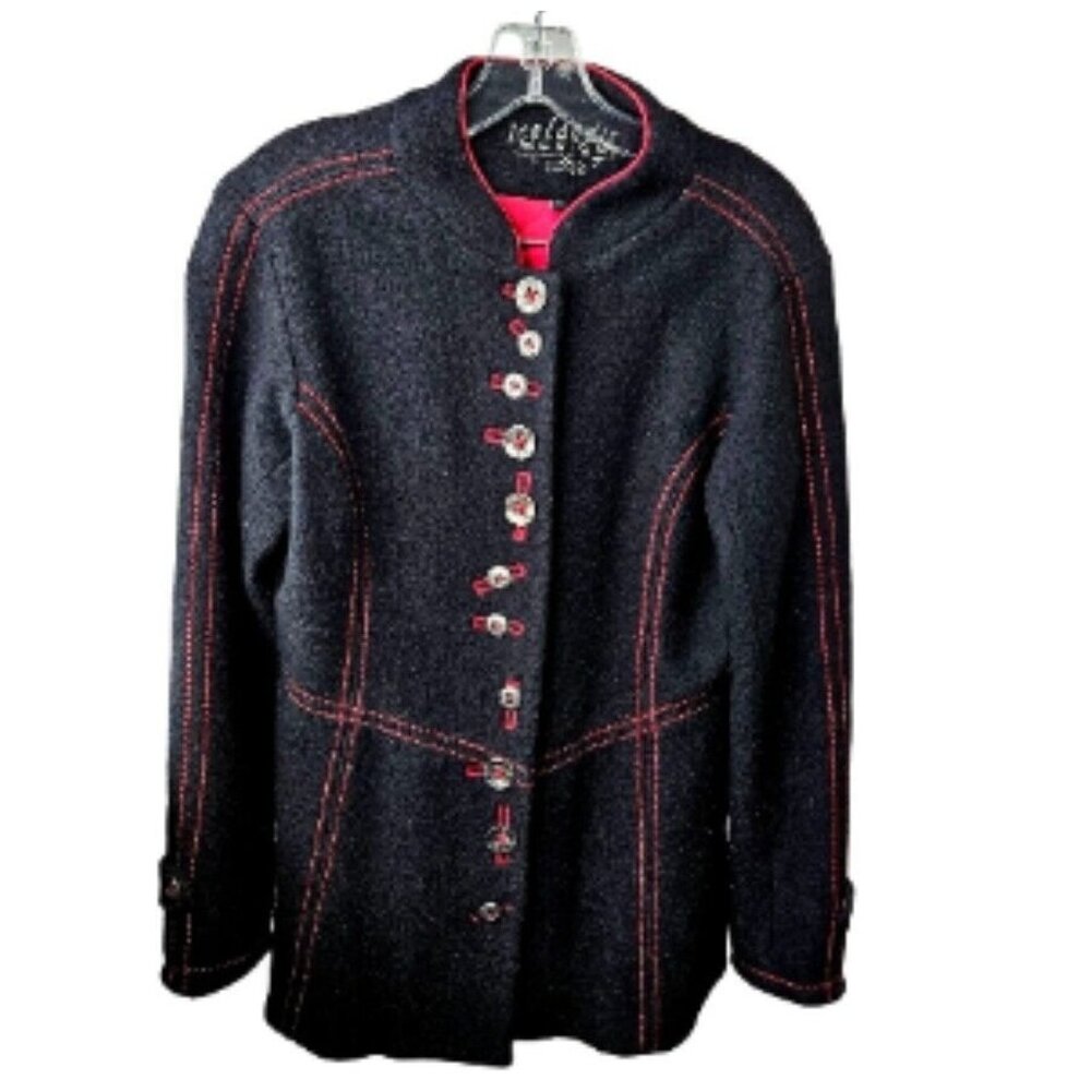 Women Wool Mandarin Jacket Size S Black Button-Front Icelandic Lined Long Sleeve
